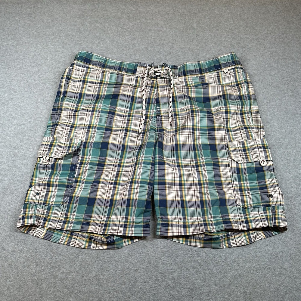 Lands End Swim Trunks Mens L Green Plaid Cargo Pockets Lined 8.5 in Inseam Board